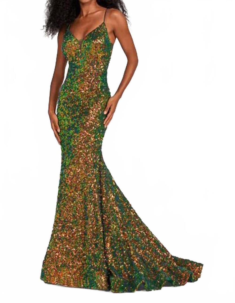 NEW ELLIE WILDE v-neck sleeveless sequin fit and flare gown in forest light